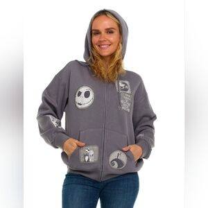 Disney Nightmare Before Christmas Jack & Sally Patch Zip Hoodie Washed Gray XS